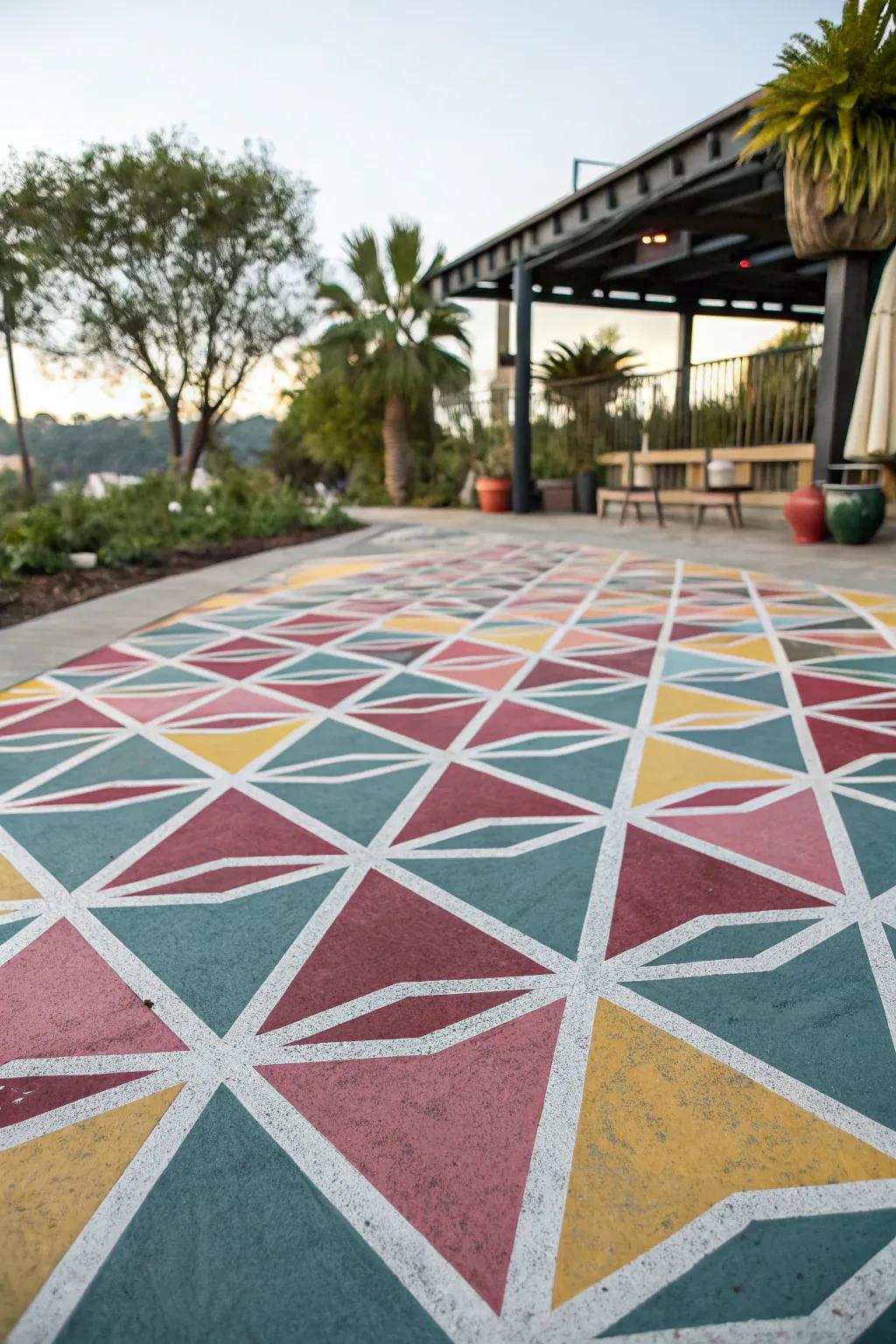 A patio showcasing elaborate geometric patterns that contribute a contemporary ambiance.