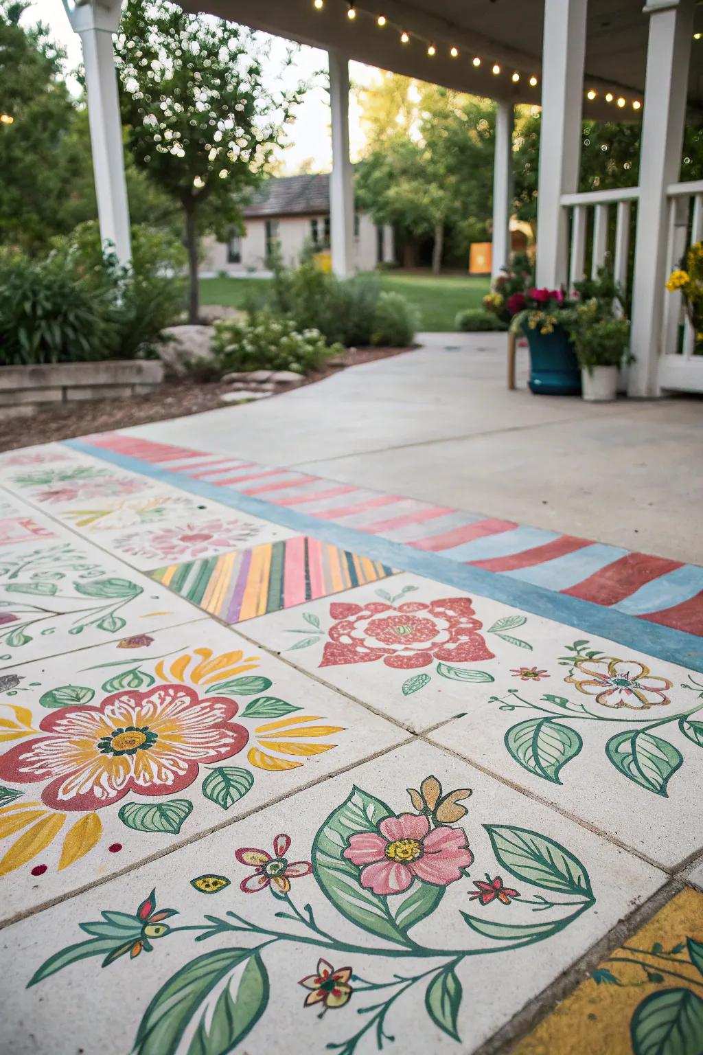 A patio with blended designs that reflects a unique artistic flair.