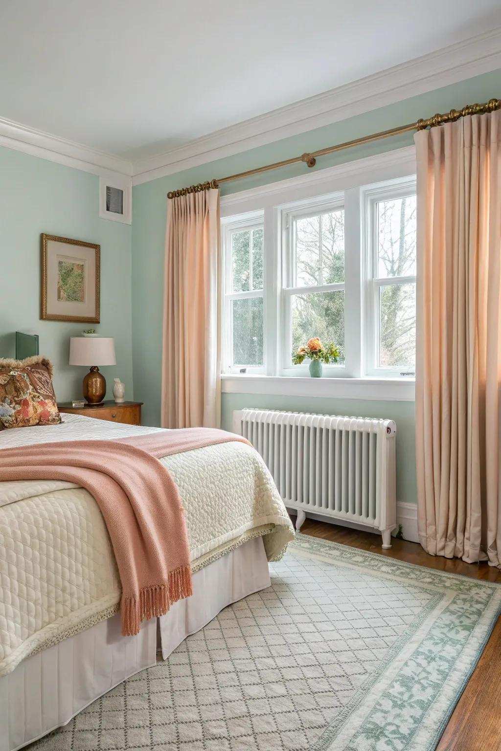 A peaceful bedroom equipped with fluid baseboard units for a silent, snug setting.