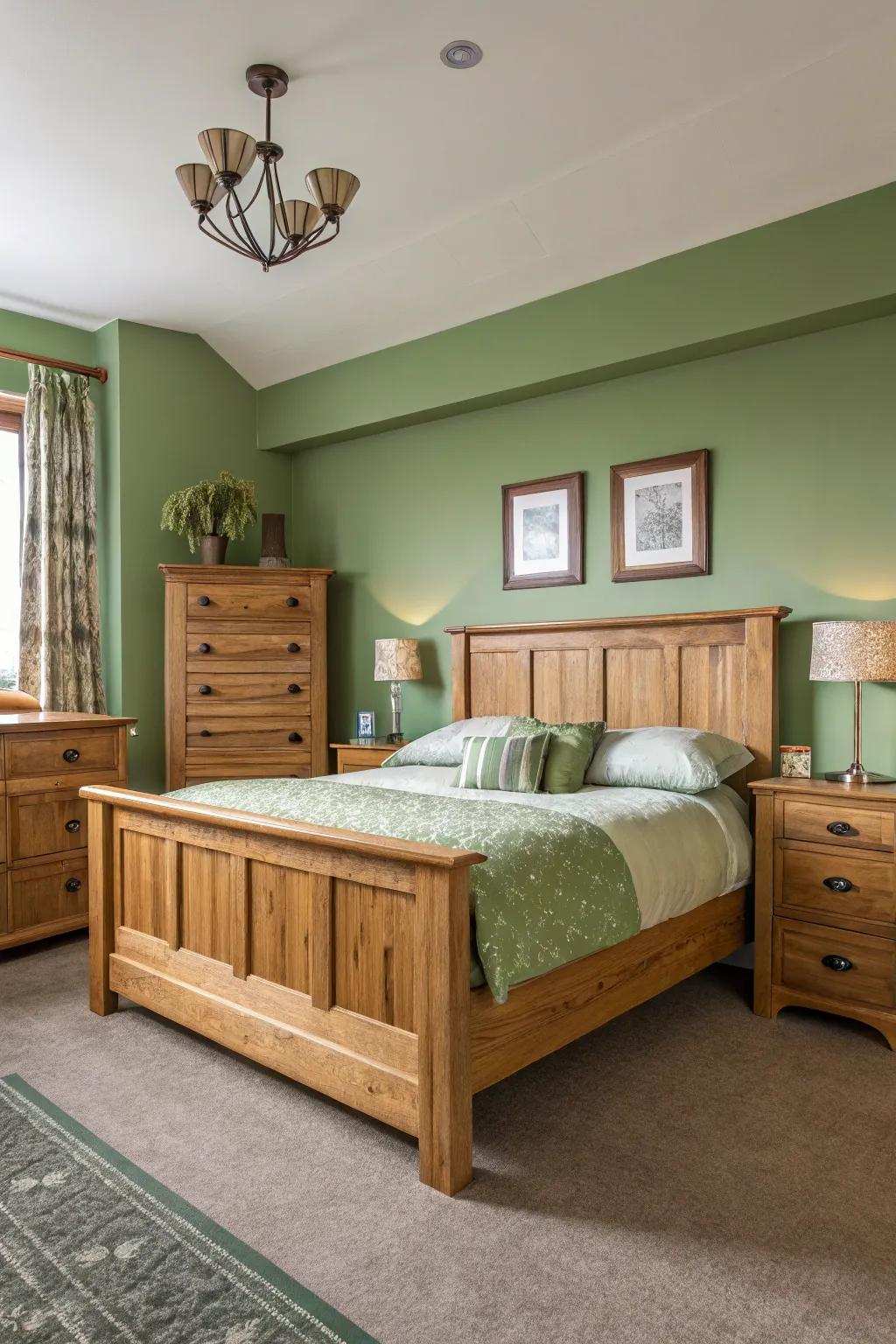 A peaceful bedroom showcasing the harmony of verdant walls and wood furniture.