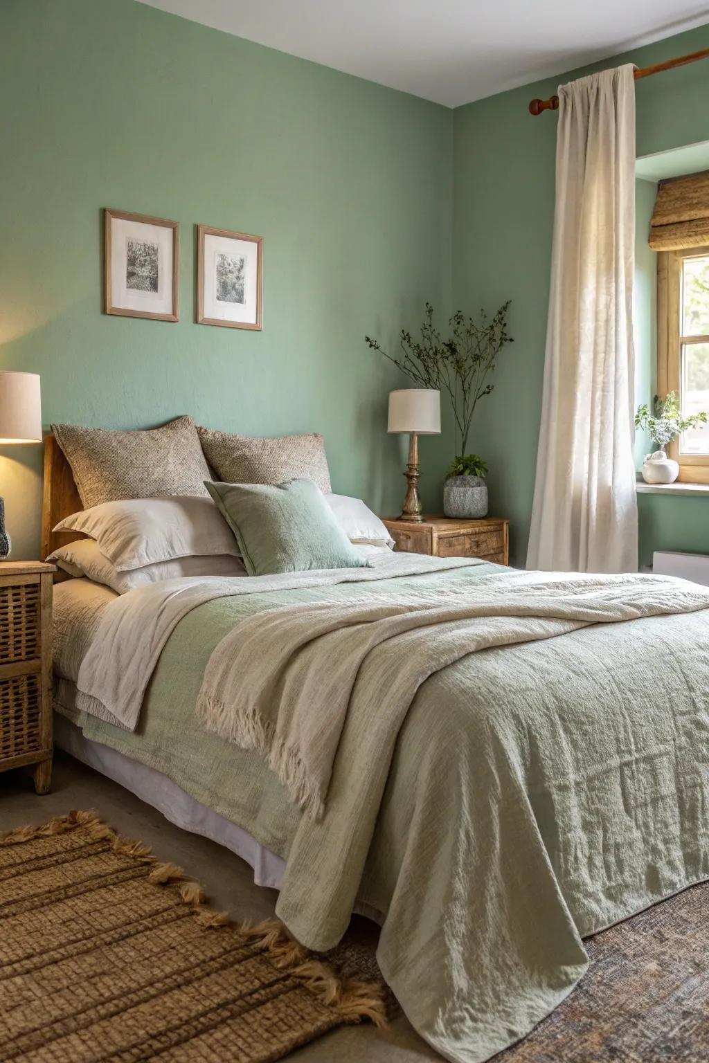 A peaceful bedroom with herbal shade walls and organic cotton bedding.