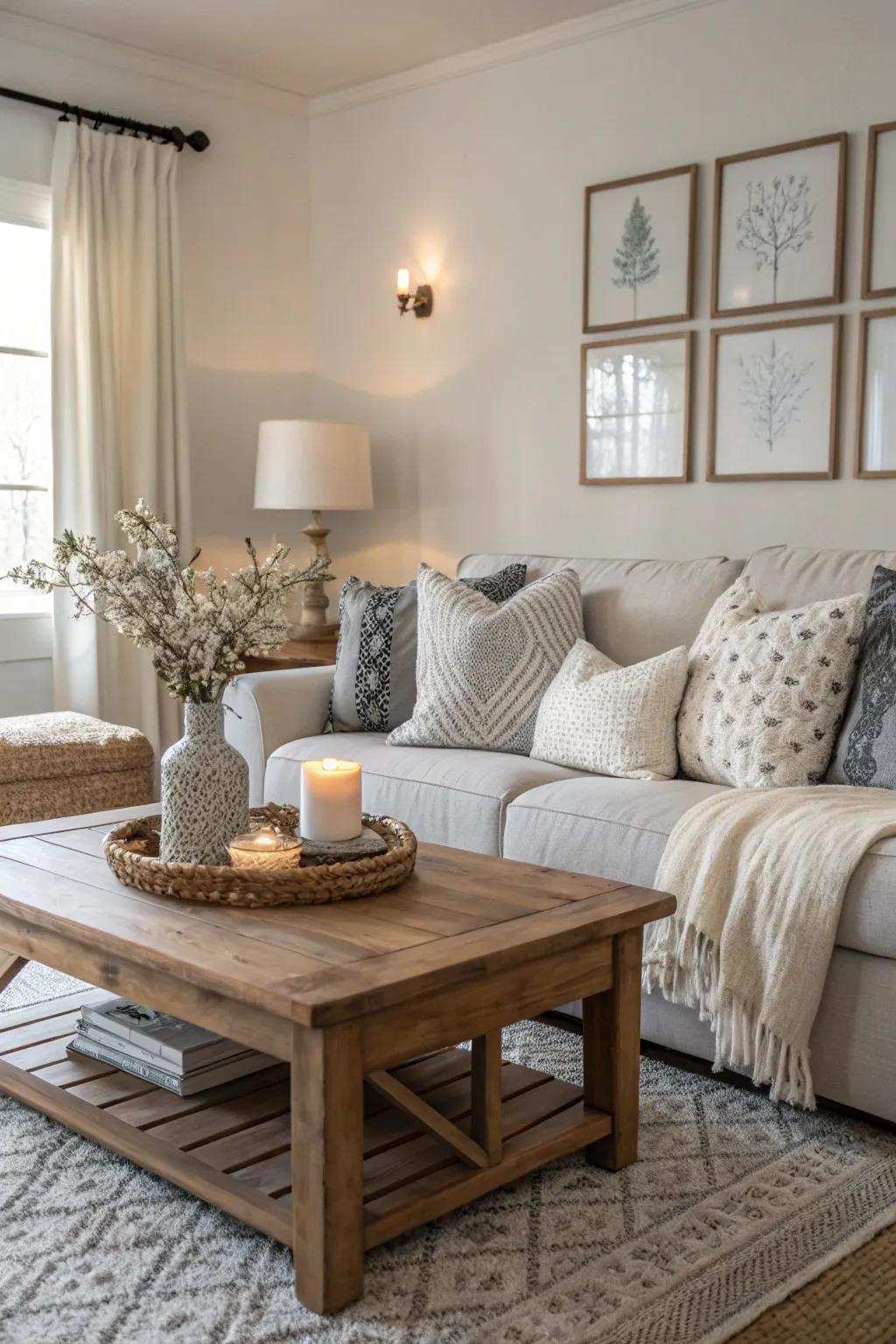 A peaceful living area showcasing a neutral color scheme