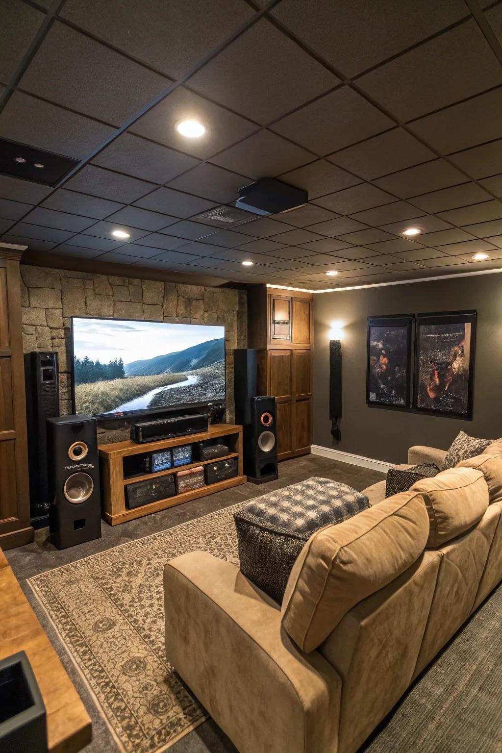 A personal cinema setup with a broad-screen TV and immersive sound system.