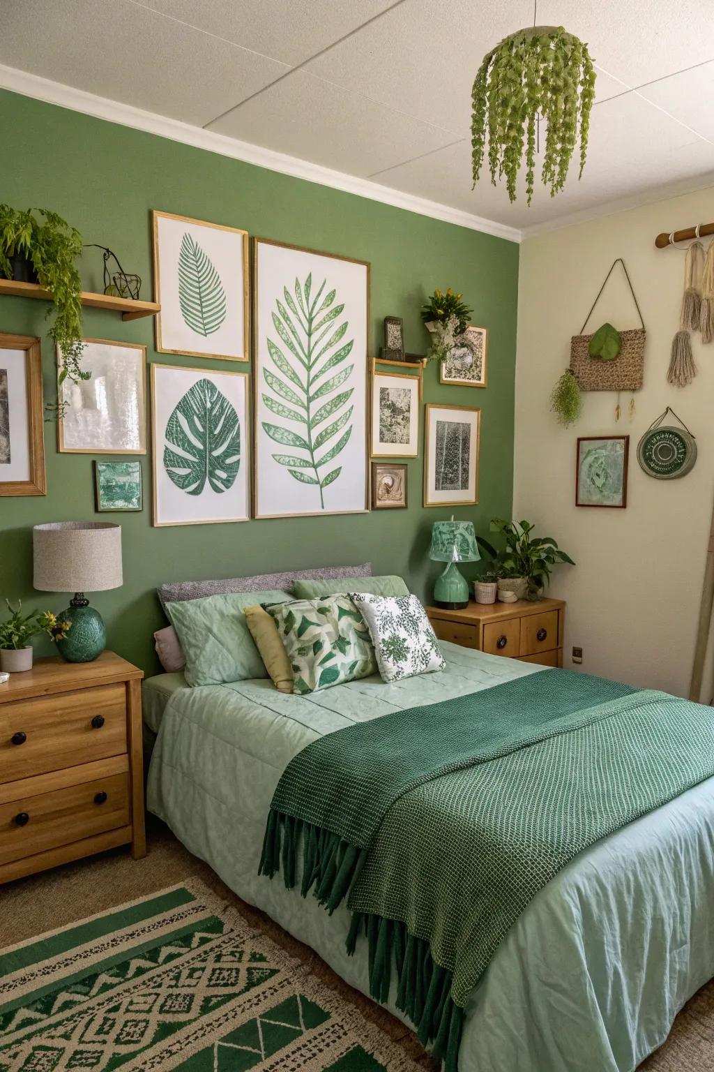A personalized bedroom with verdant-themed artwork enhancing its character.