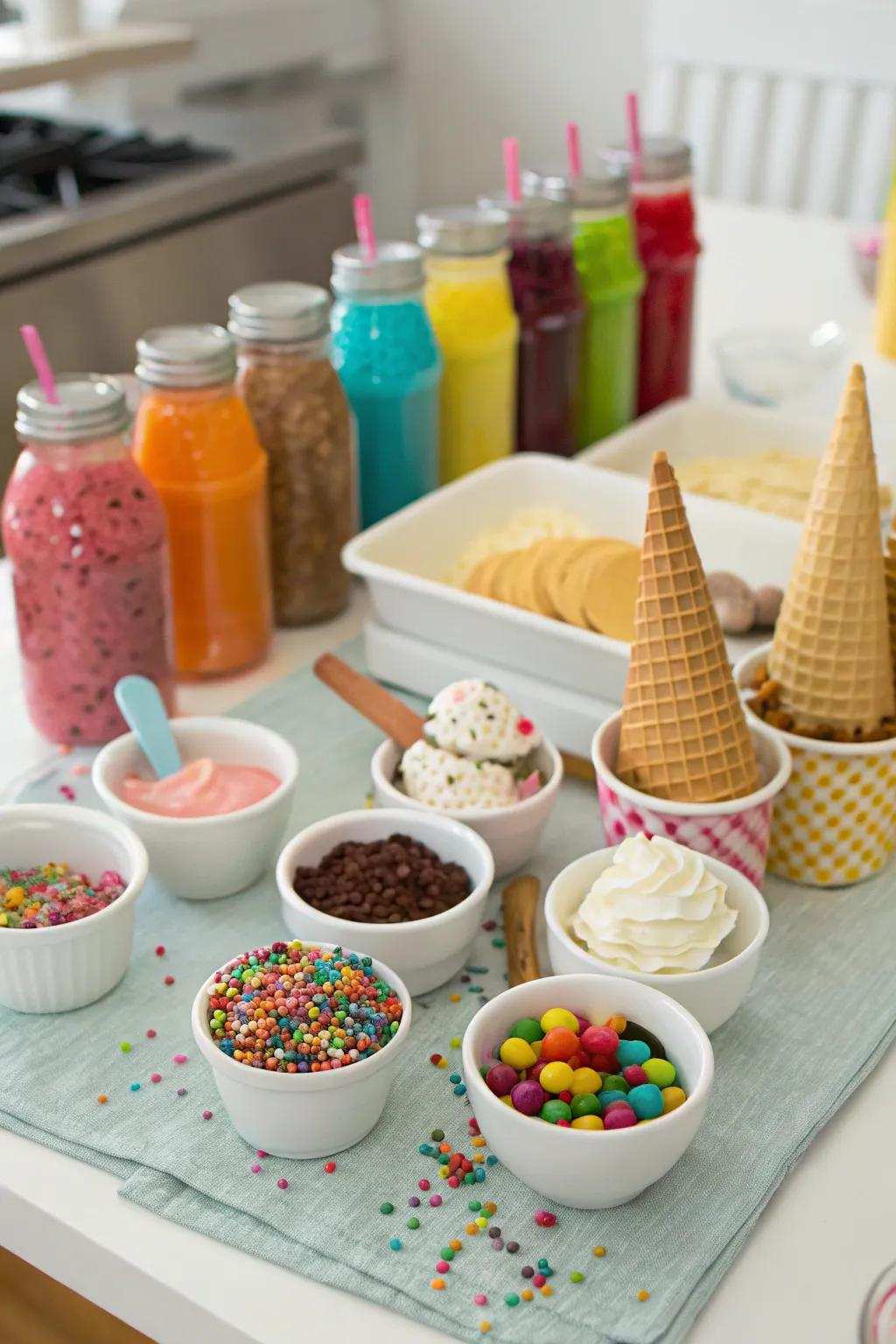 A personalized ice cream bar featuring a variety of toppings and sauces.