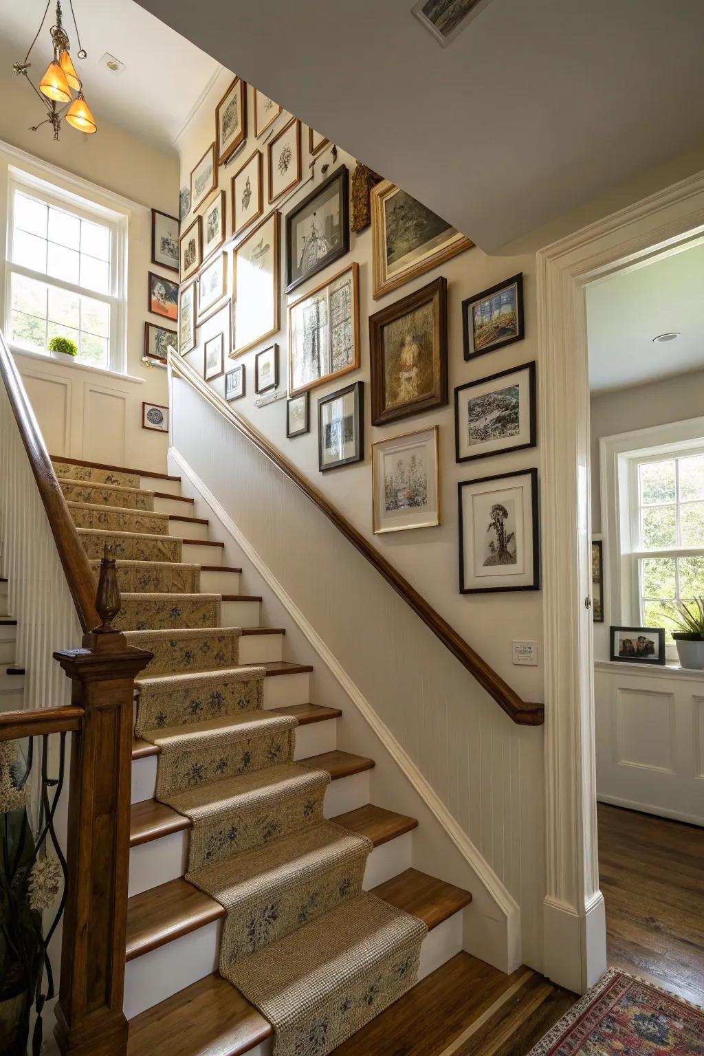 A picture arrangement along the stairway includes a personal element.