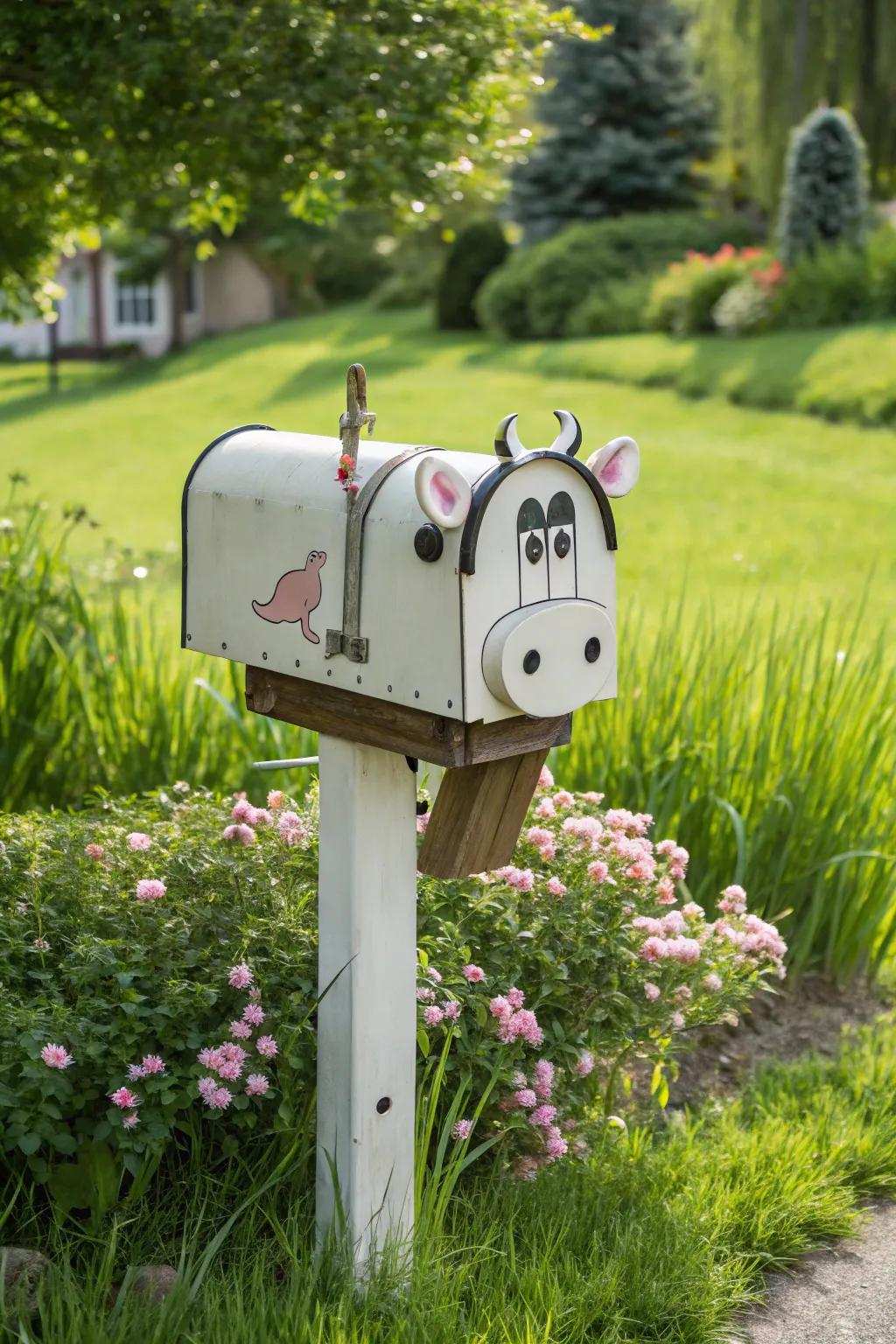 A playful animal-shaped mailbox adds a whimsical touch to the farmhouse setting.