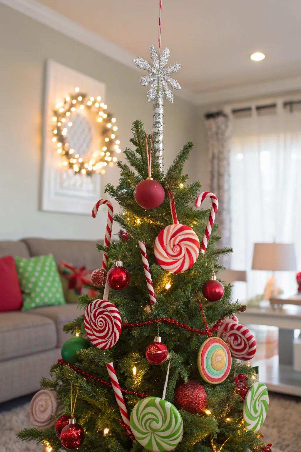A playful candy-themed Christmas tree decorated with sweet treats.