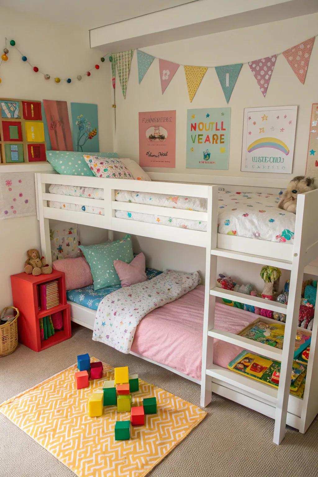 A playful high sleeper with an area for fun activities underneath.