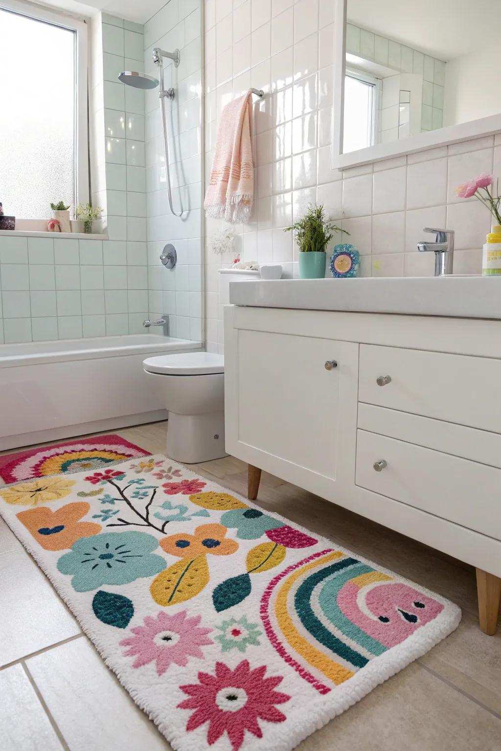 A playful rug infuses comfort and aesthetic into your bathroom panel.