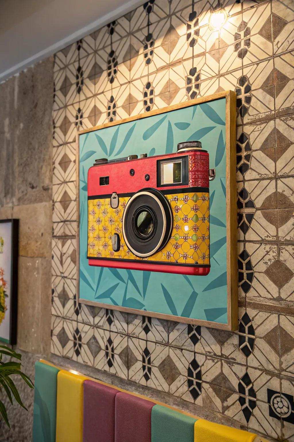 A pop art painting of a classic camera adds nostalgic charm.