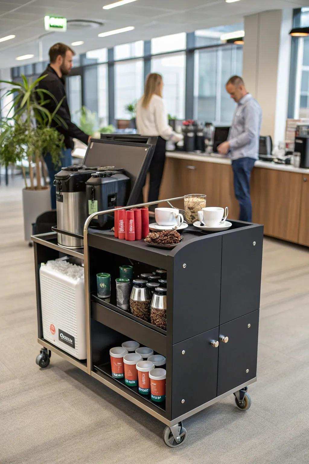 A portable coffee cart brings versatility and style to your office.