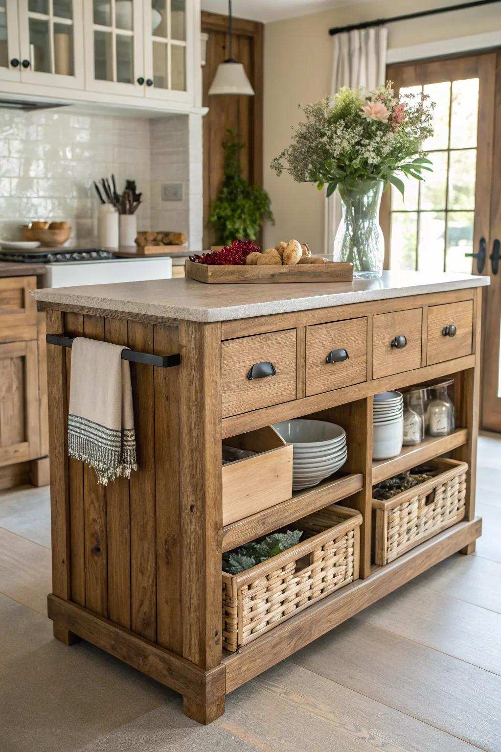A practical countryside kitchen island equipped with built-in drawers and storage possibilities.