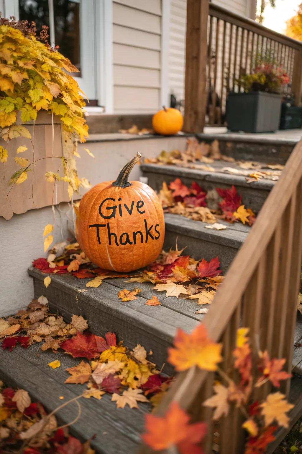 A pumpkin etched with a sincere Thanksgiving greeting.