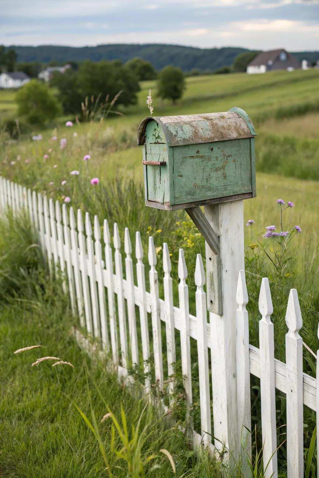 A quaint miniature fence serves as a delightful stand for this farmhouse mailbox.