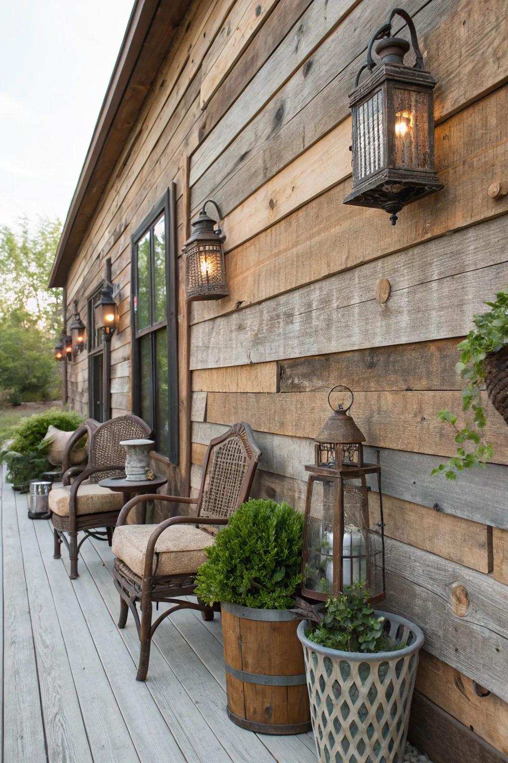 A quaint patio background fashioned from salvaged barn timber.