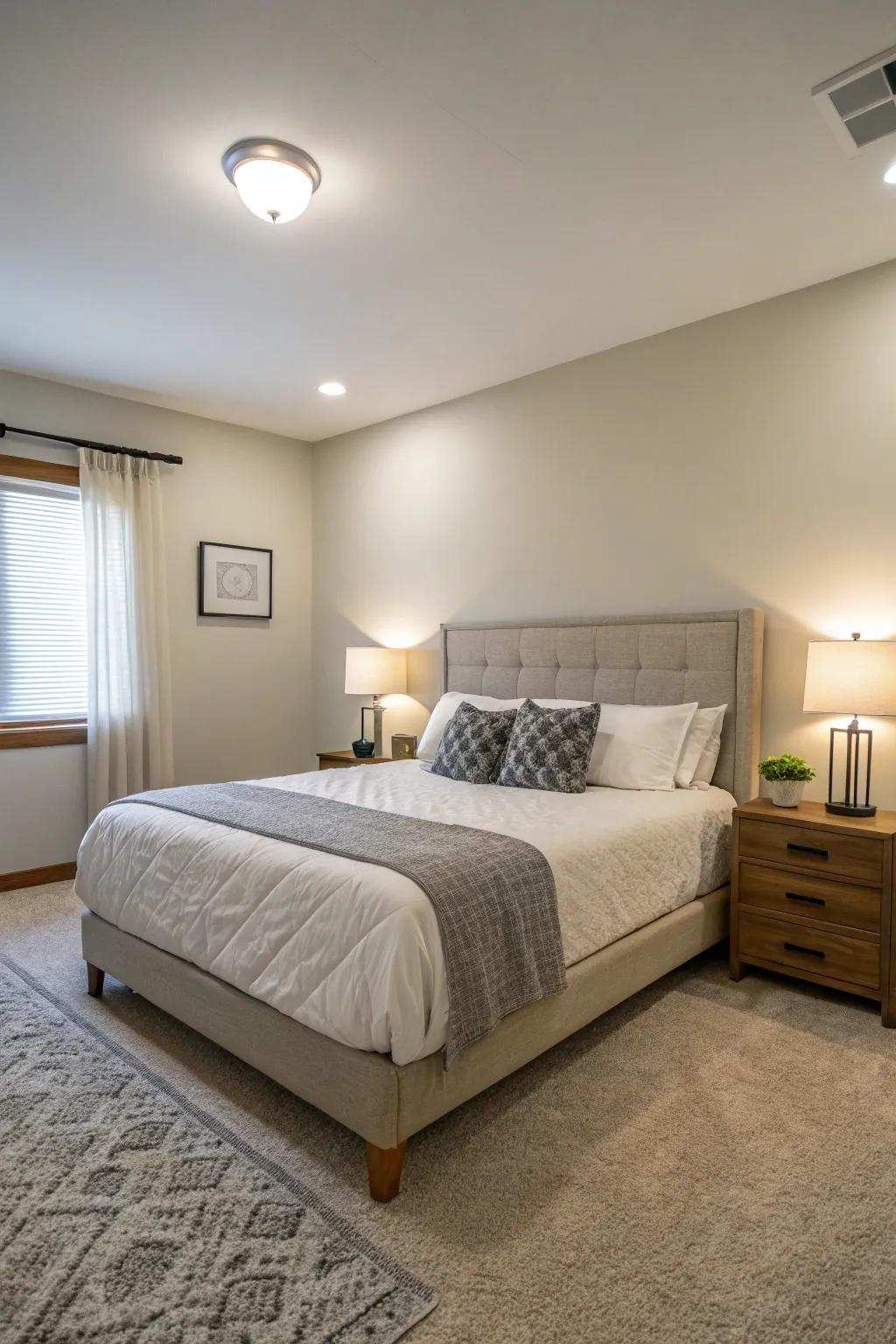 A queen-size bed acts as a centerpiece, creating a sense of equilibrium and seamless flow.