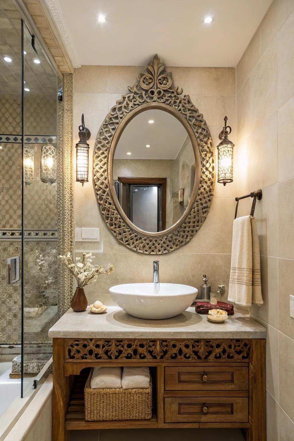 A quirky reflector introduces persona and charm to any bathroom.