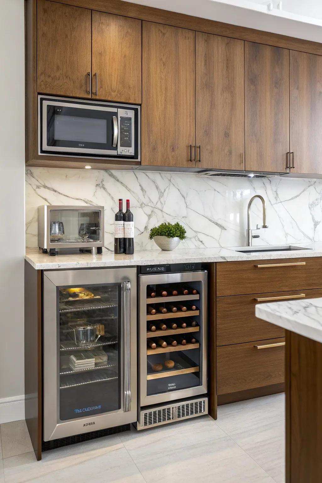 A rapid food cooker above a wine fridge presents a chic and original kitchen highlight.
