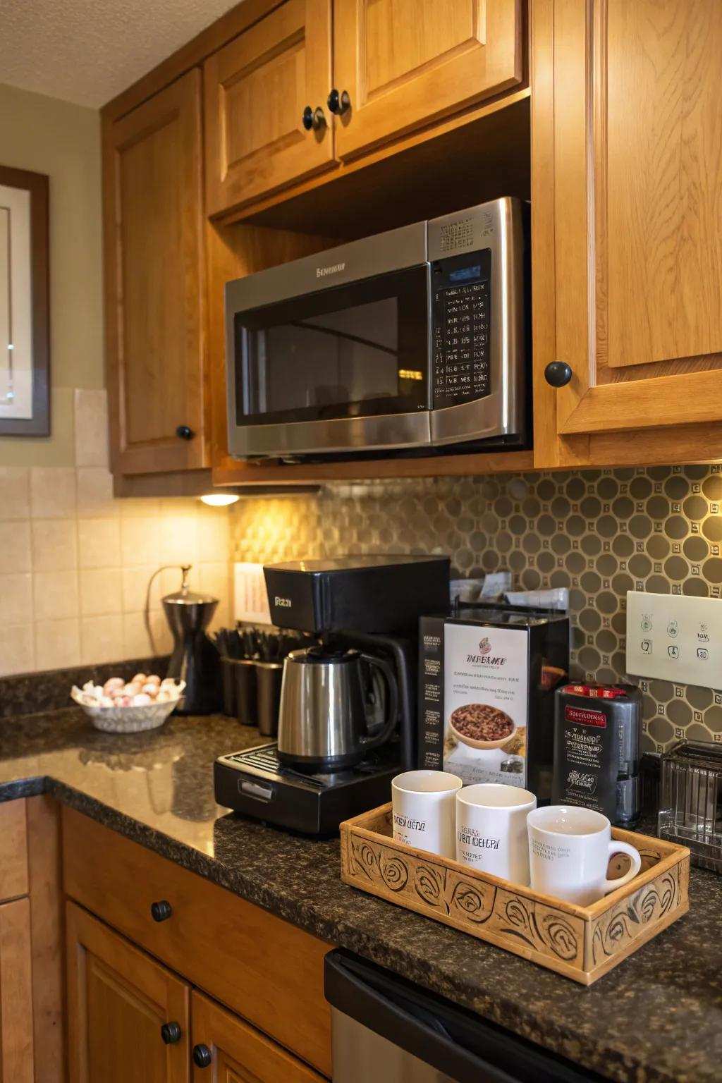 A rapid food cooker above the coffee center makes your morning routine easier.