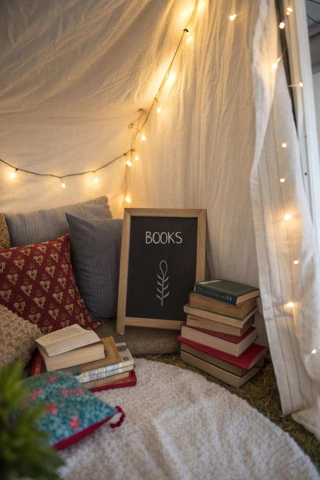 A reading corner enhanced by a chalkboard displaying a quote about the joys of reading.