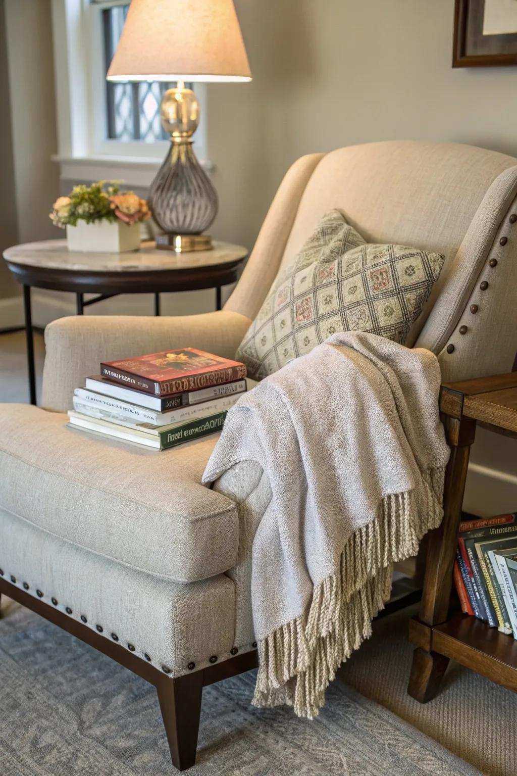 A reading nook offers a peaceful spot for unwinding.