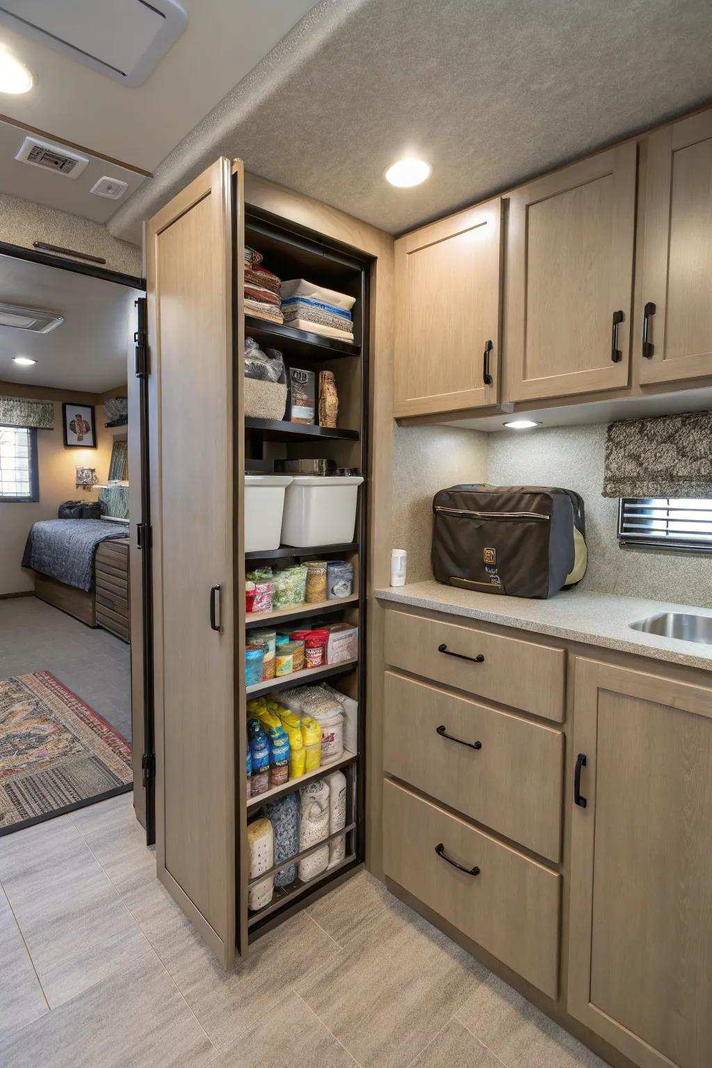 A recreational vehicle exemplifying astute stowage innovations, thereby maximizing area and structure.
