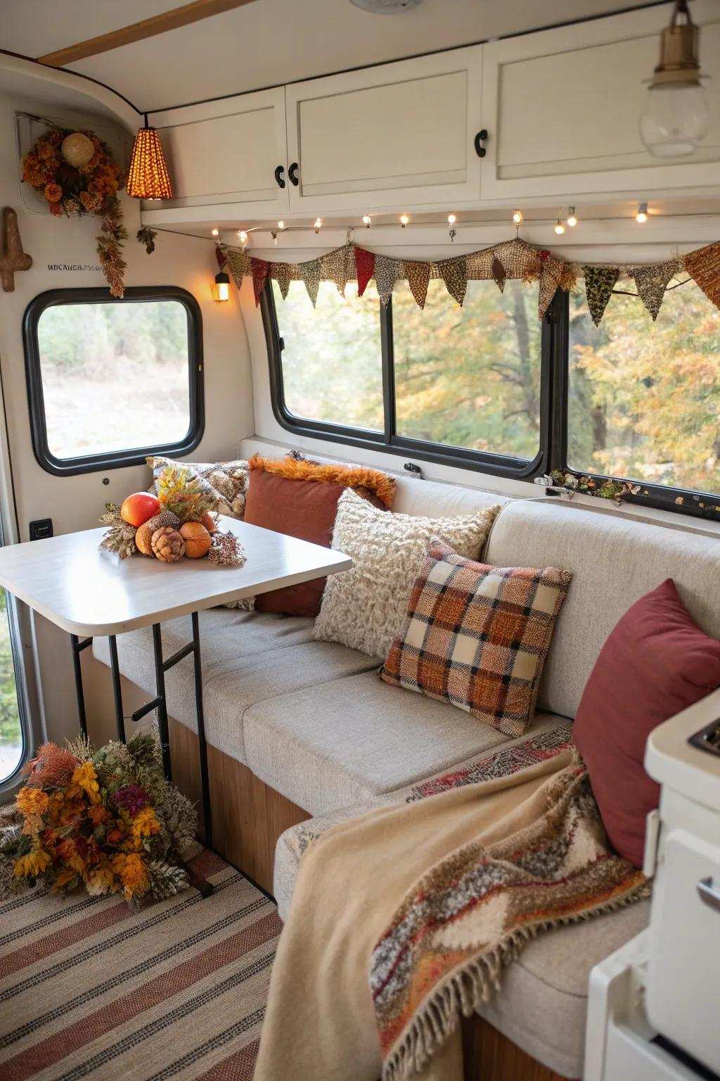 A recreational vehicle exhibiting seasonal embellishment exchanges to procure a revitalized and refreshed aesthetic.
