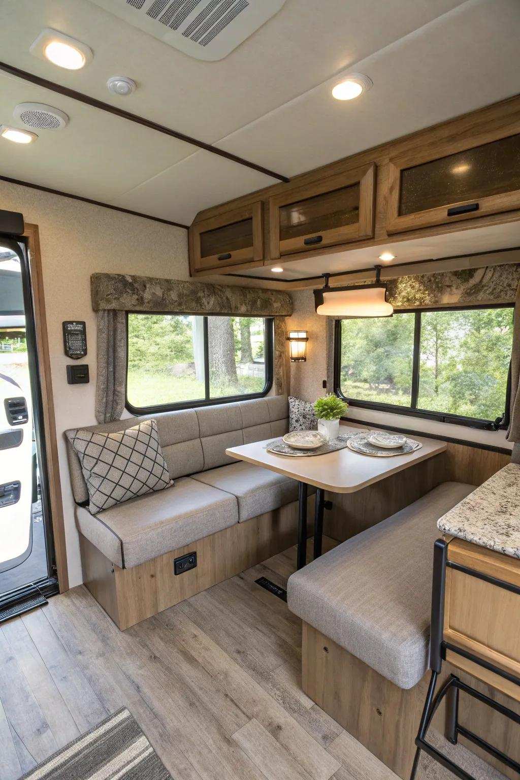A recreational vehicle furnished with an adaptable couch and a multi-functional eating space, thus amplifying usable area and utility.