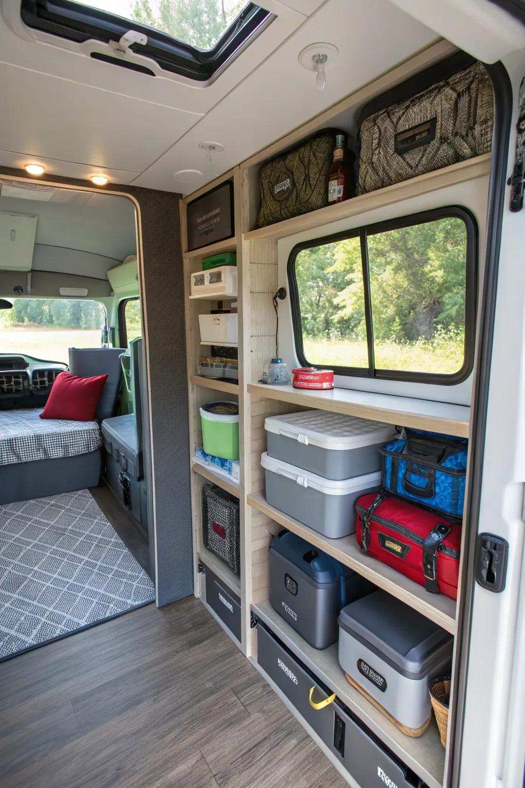 A recreational vehicle harnessing imaginative stowage alcoves to attain an organized and elegant interior.