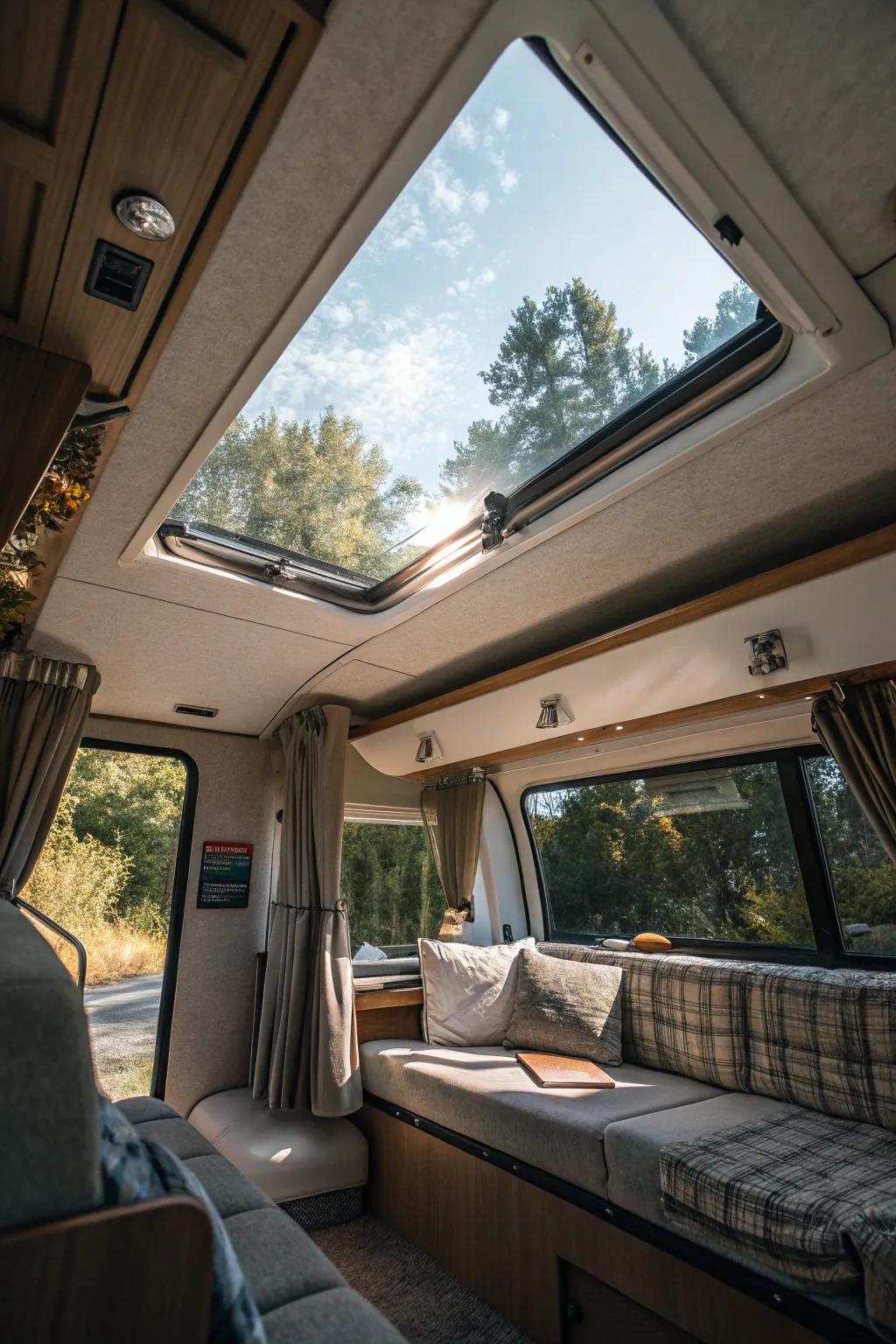 A recreational vehicle integrated with an overhead window, thereby augmenting natural luminance and furnishing exquisite exterior vistas.