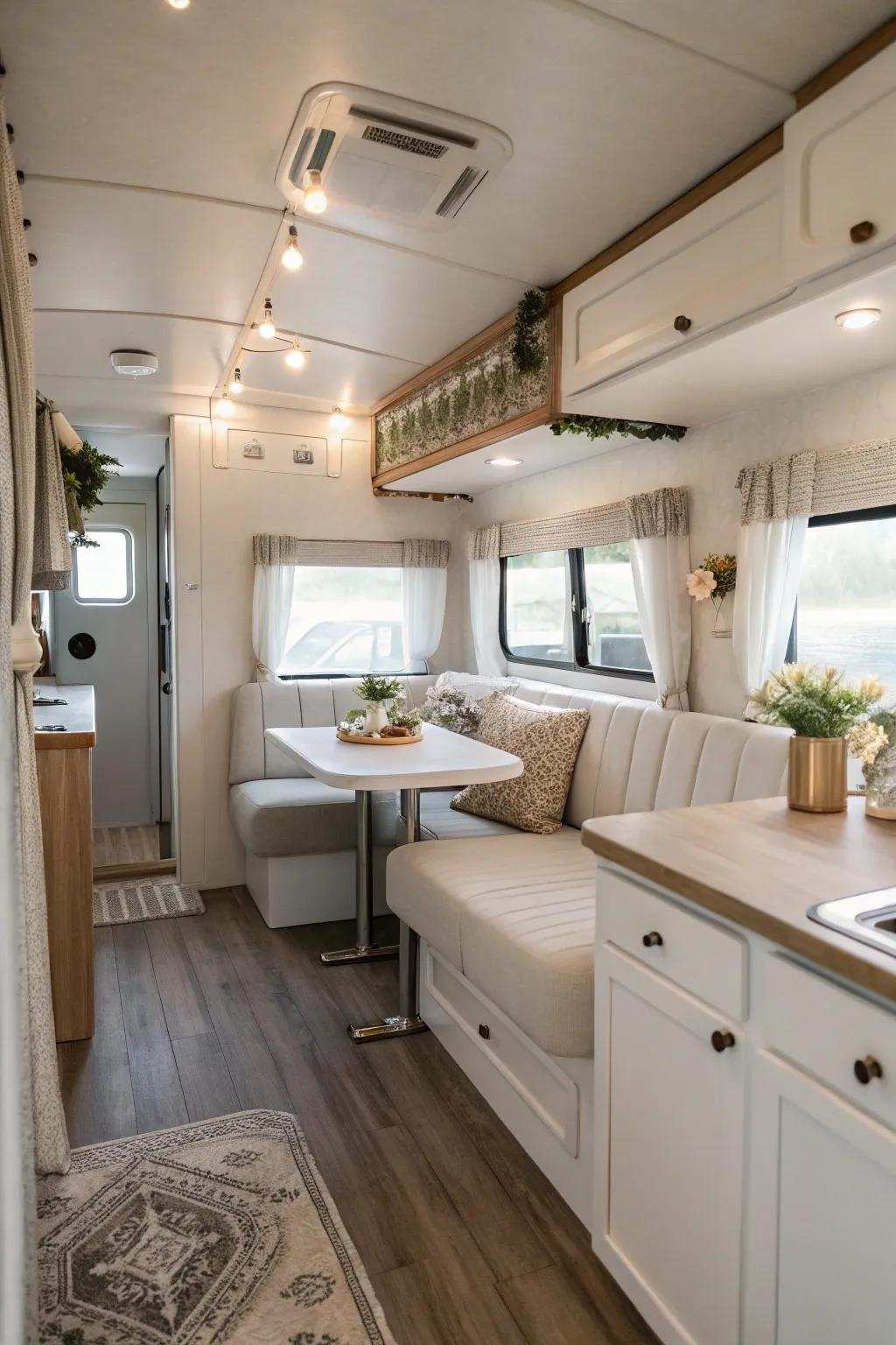 A recreational vehicle interior fashioned with undemanding elegance, exhibiting pristine contours and understated embellishments.