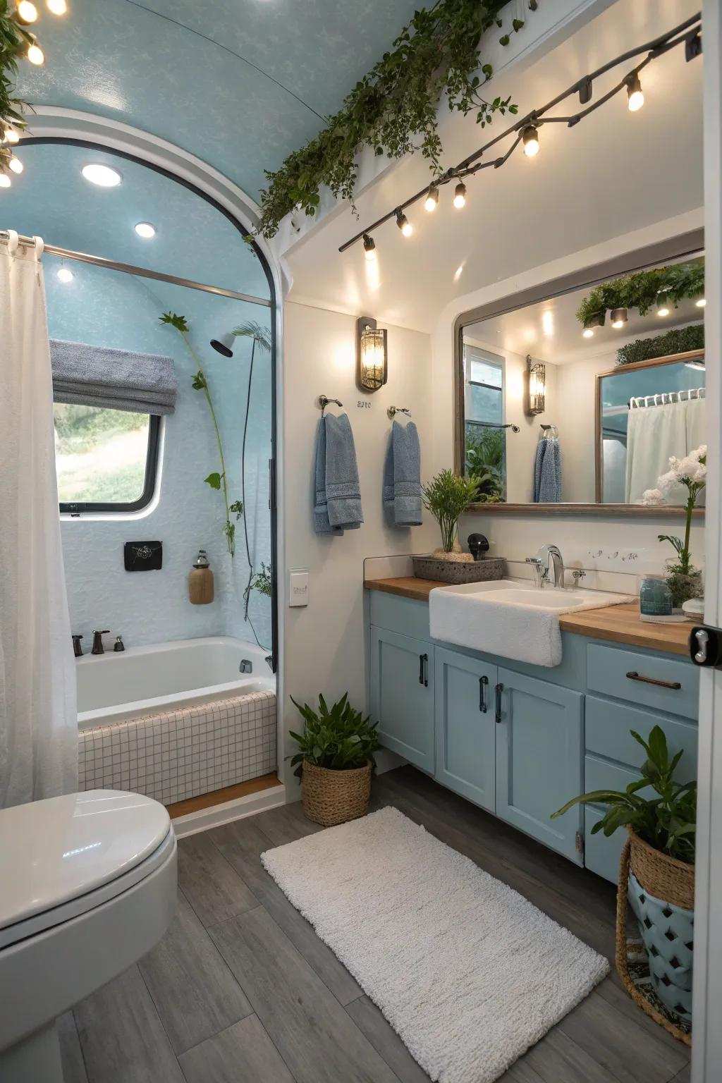 A recreational vehicle restroom architected with a sedative, spa-inspired aesthetic.