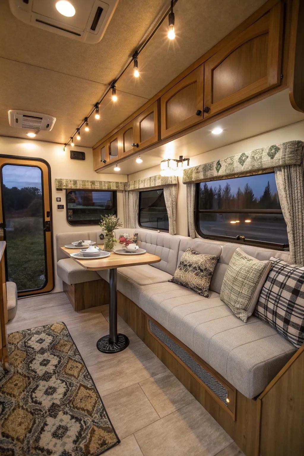 A recreational vehicle showcasing a snug banquette configuration, impeccable for culinary and leisure activities.