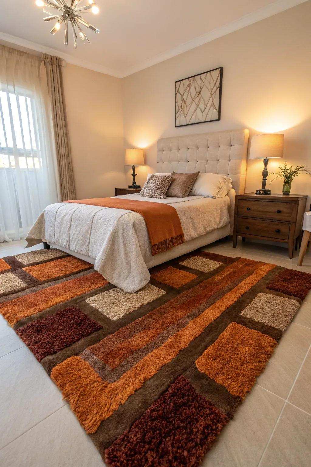 A reddish-brown and chocolate floor covering unifies the room.