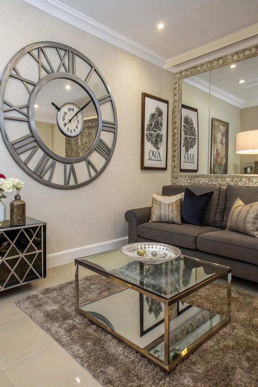 A reflective clock introduces a unique and intriguing dimension to the living room.