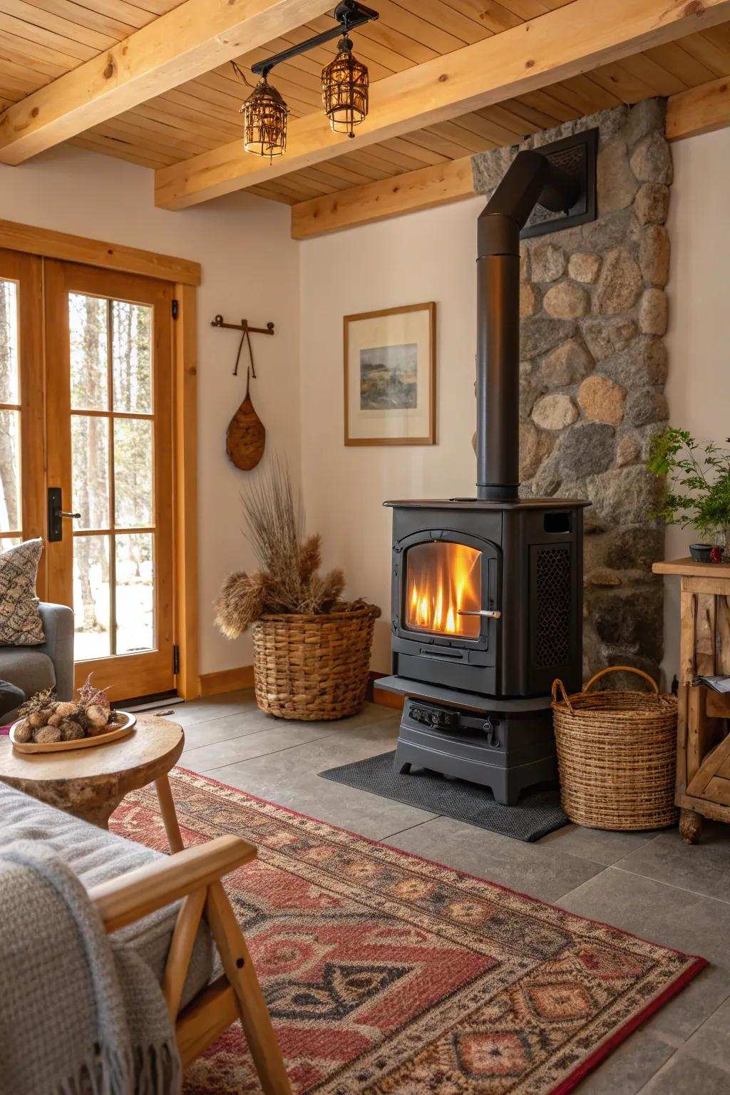 A relaxing living area featuring a pellet stove, ideal for sustainable and rustic warmth.