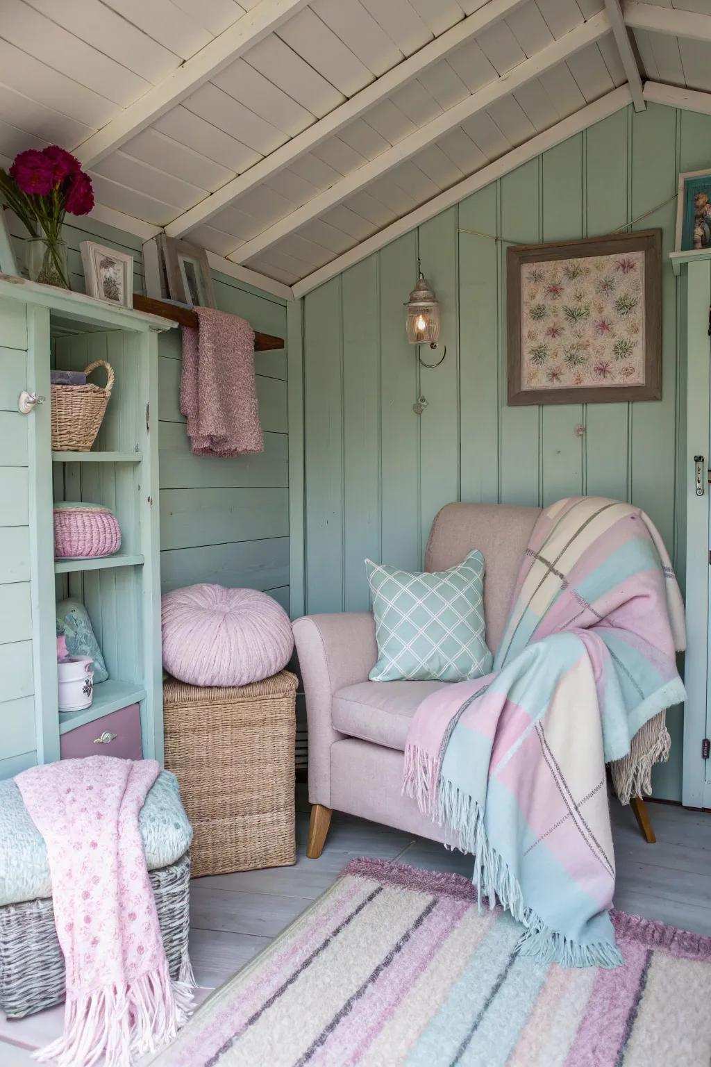 A restorative getaway featuring soft textiles and tranquil colors inside a shed.