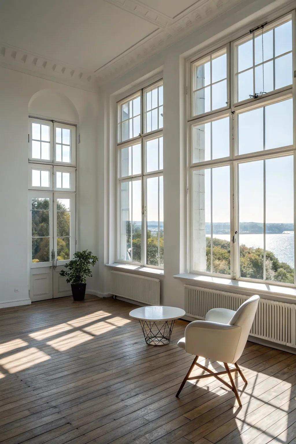 A room suffused with natural illumination from extensive windows.