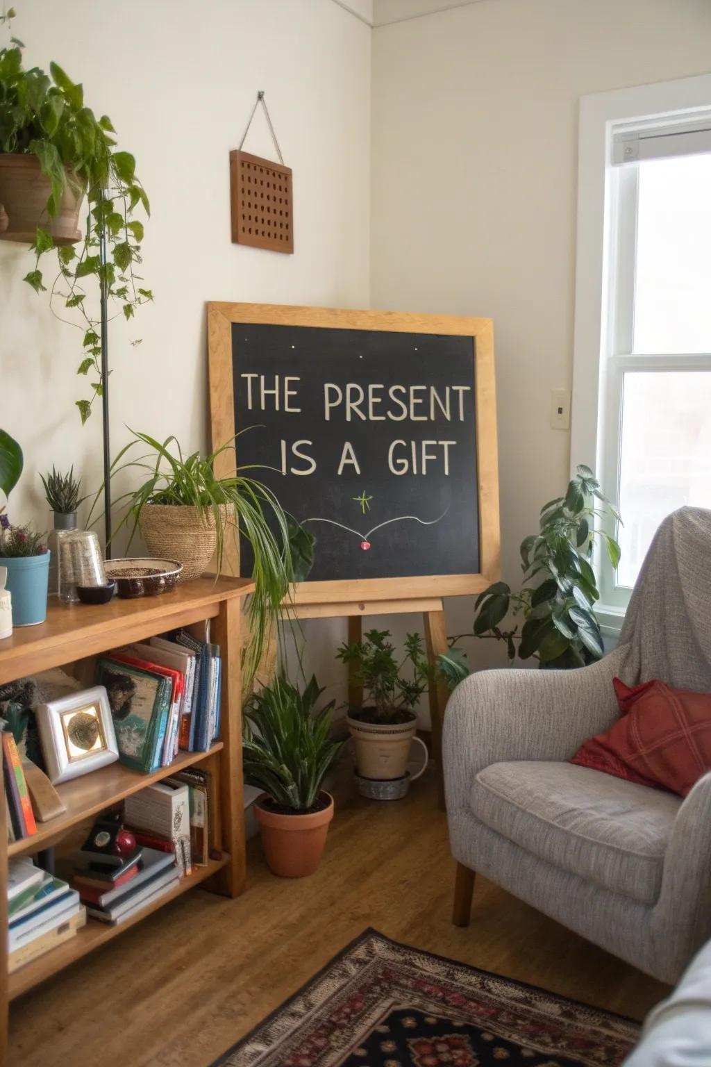 A room with a chalkboard quote about today being a gift.