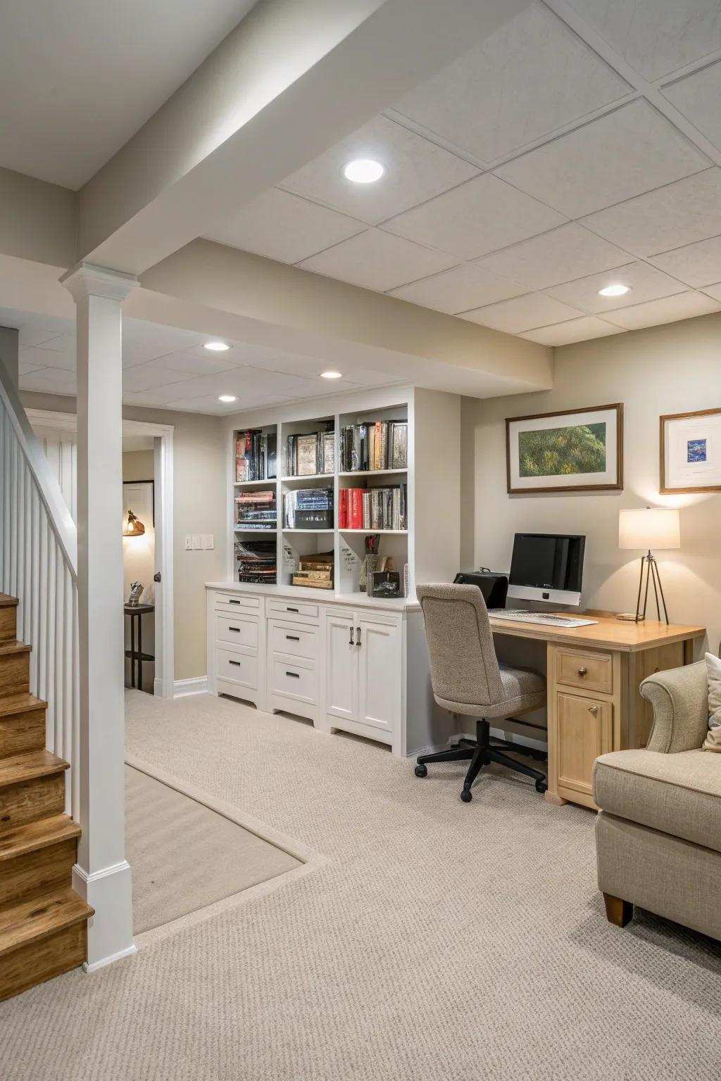 A room without windows can feel open and inviting with light colors.