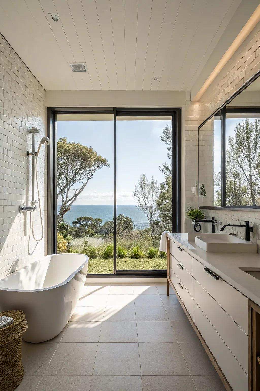 A roomy shower featuring a sizable window that maximizes natural light to improve the design of the bathroom.