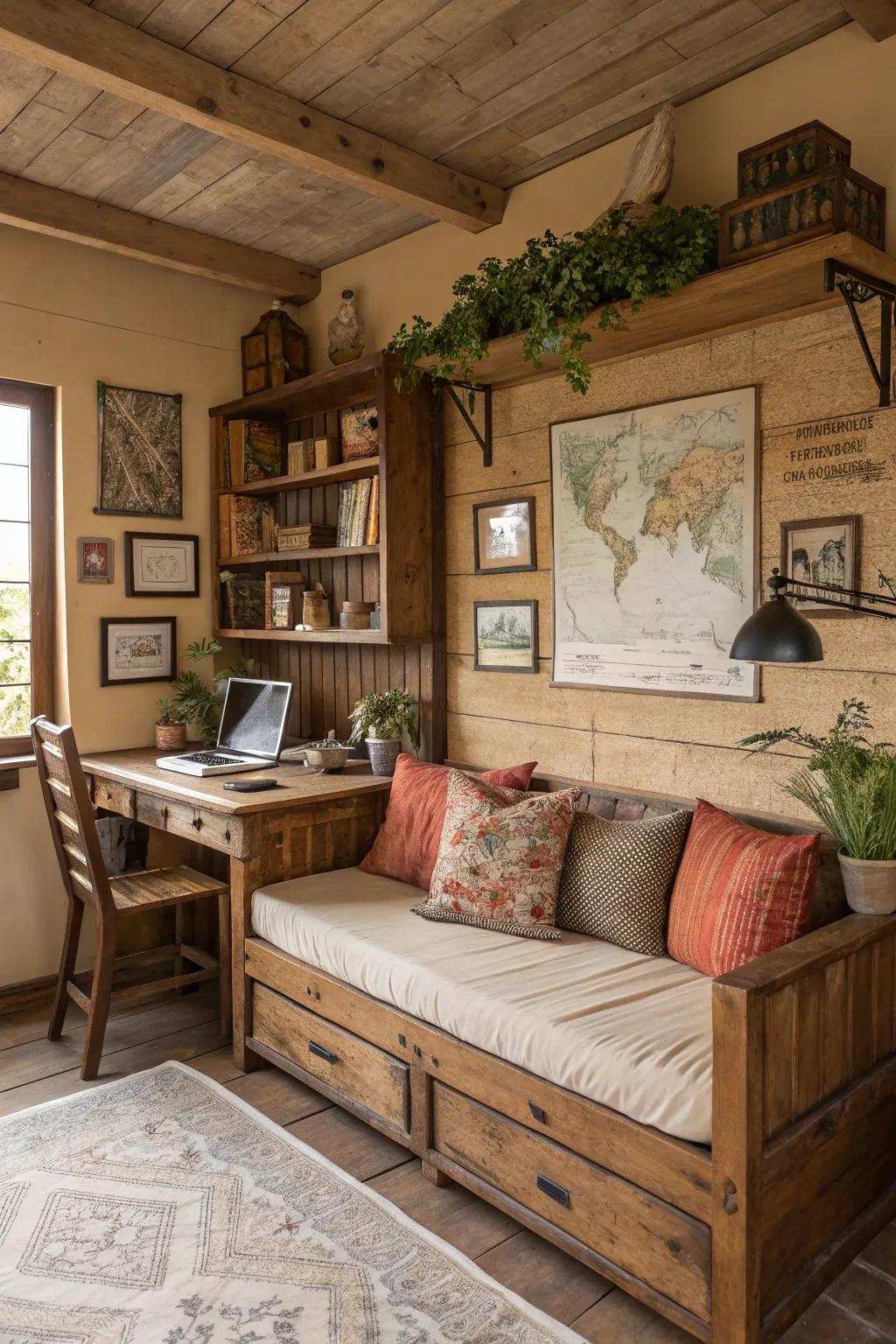 A rustic daybed adds charm and texture to your office.