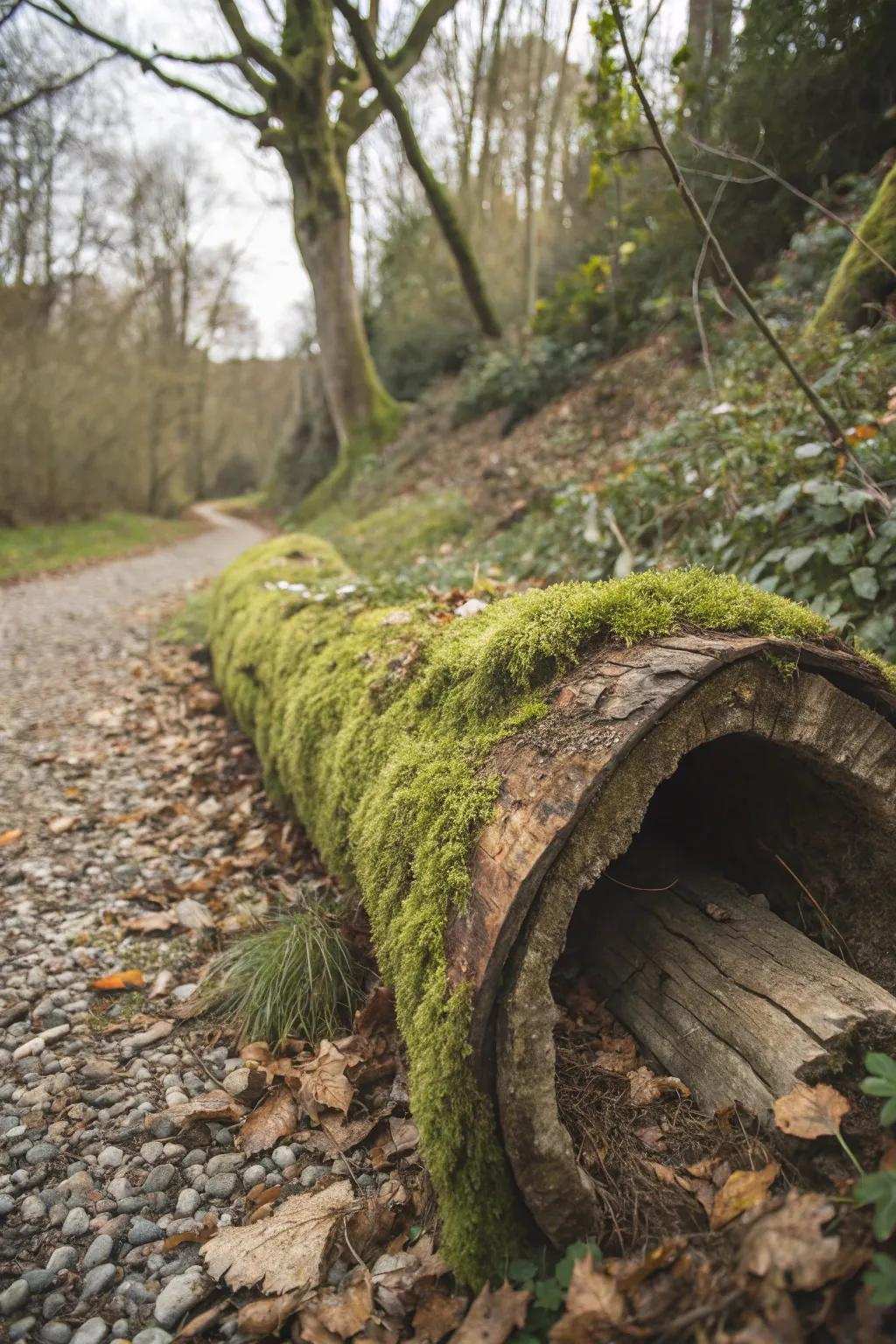 A rustic empty tree limb planter filled with lush moss.