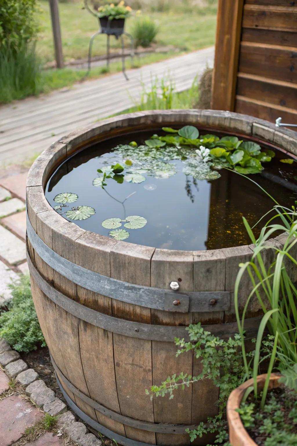 A rustic wooden cask turned into a portable mini pond.