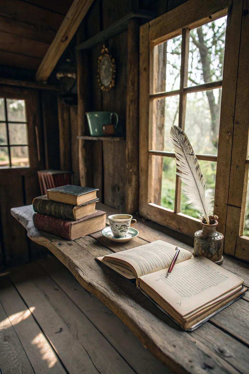 A rustic writing shed exuding a comfortable, story-like ambiance.