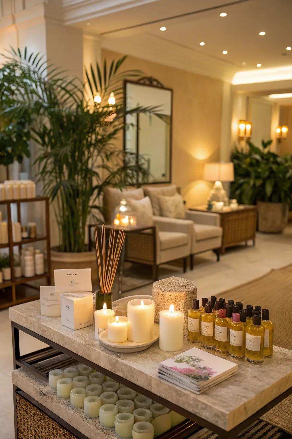 A salon reception area filled with a good scent, creating a warm atmosphere.