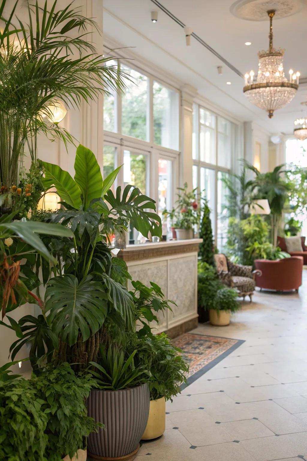 A salon reception brought to life with rich greenery and vibrant indoor plants.