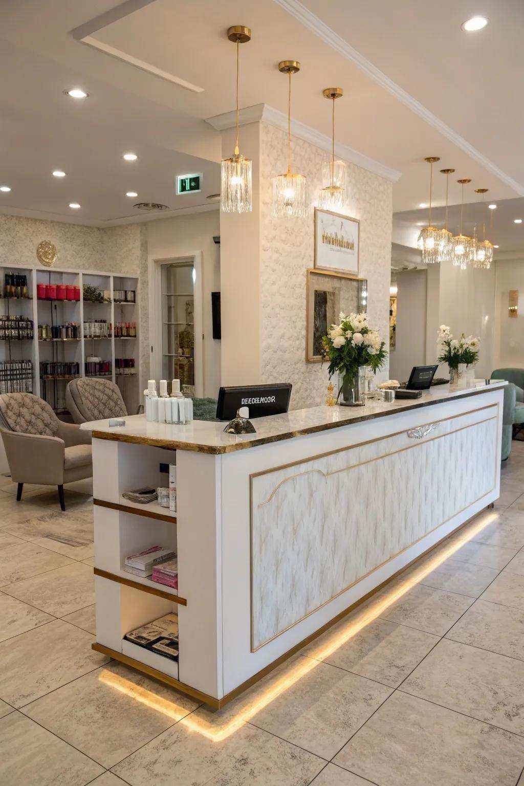 A salon reception centered on a stylish and practical reception desk.