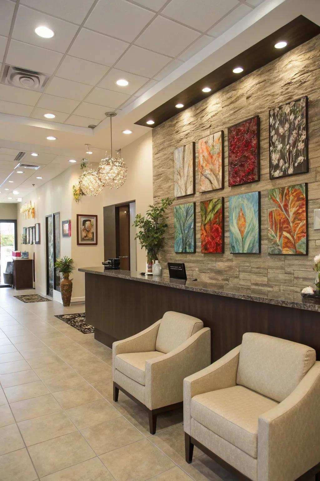 A salon reception enhanced by creative wall decor, adding personality to the space.